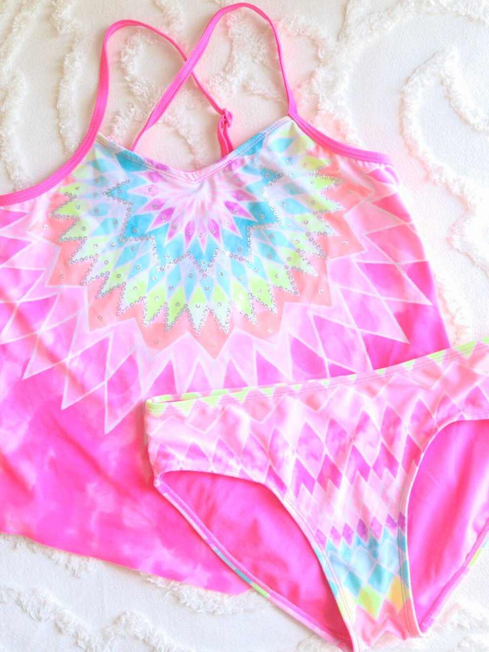 Justice | Flowy Sequin Sparkle Neon Rainbow Geometric Two Piece Tankini 12 Plus